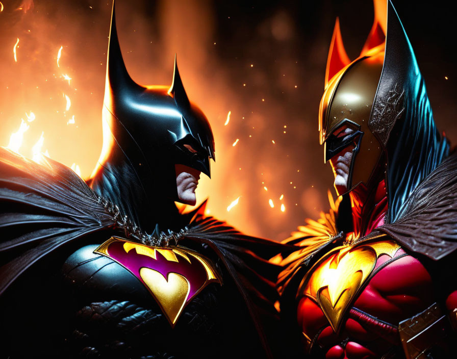 Batman Figures in Black and Gold Suits Face Off Amid Fiery Background