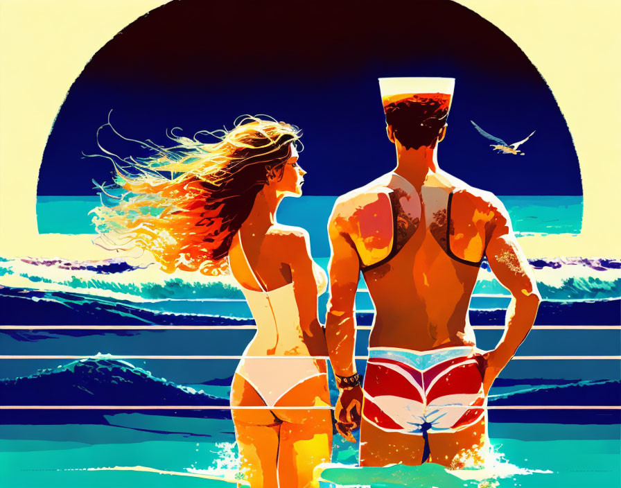 Stylized beach sunset illustration with man and woman in swimwear