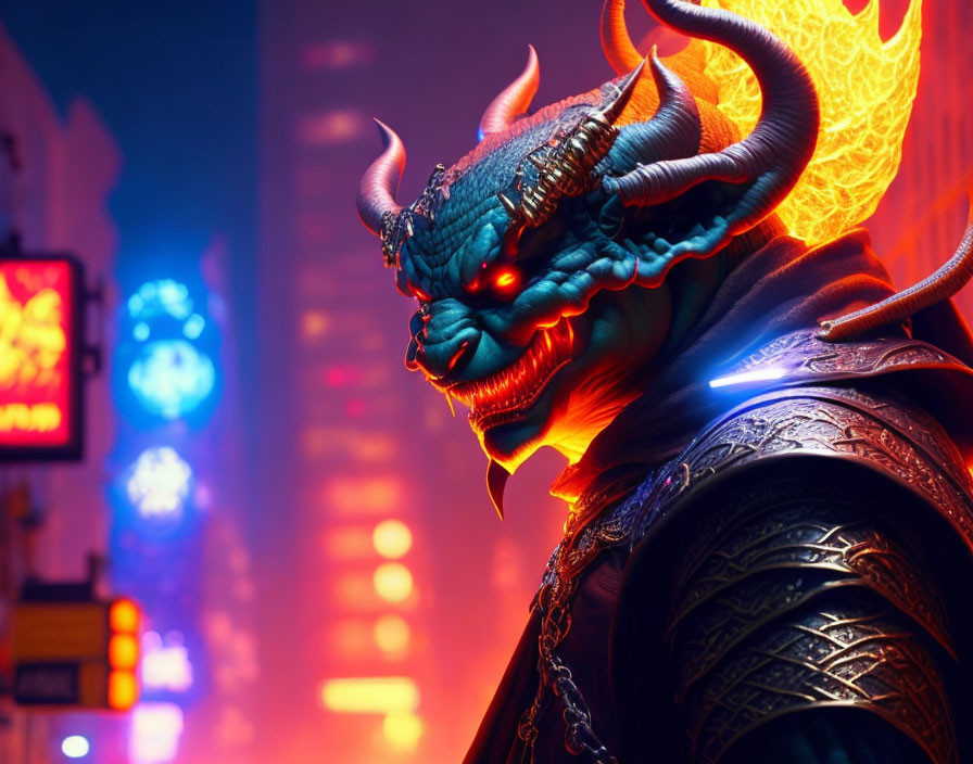 Blue dragon-like creature with red eyes and horns in neon-lit urban nightscape