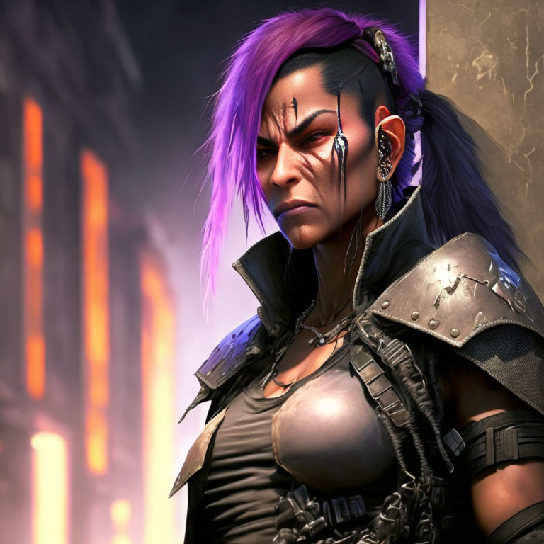 Purple-haired female warrior with cybernetic enhancements in battle armor on fiery background