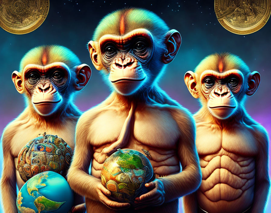 Stylized monkeys with human-like eyes holding globes amidst floating coins in cosmic scene