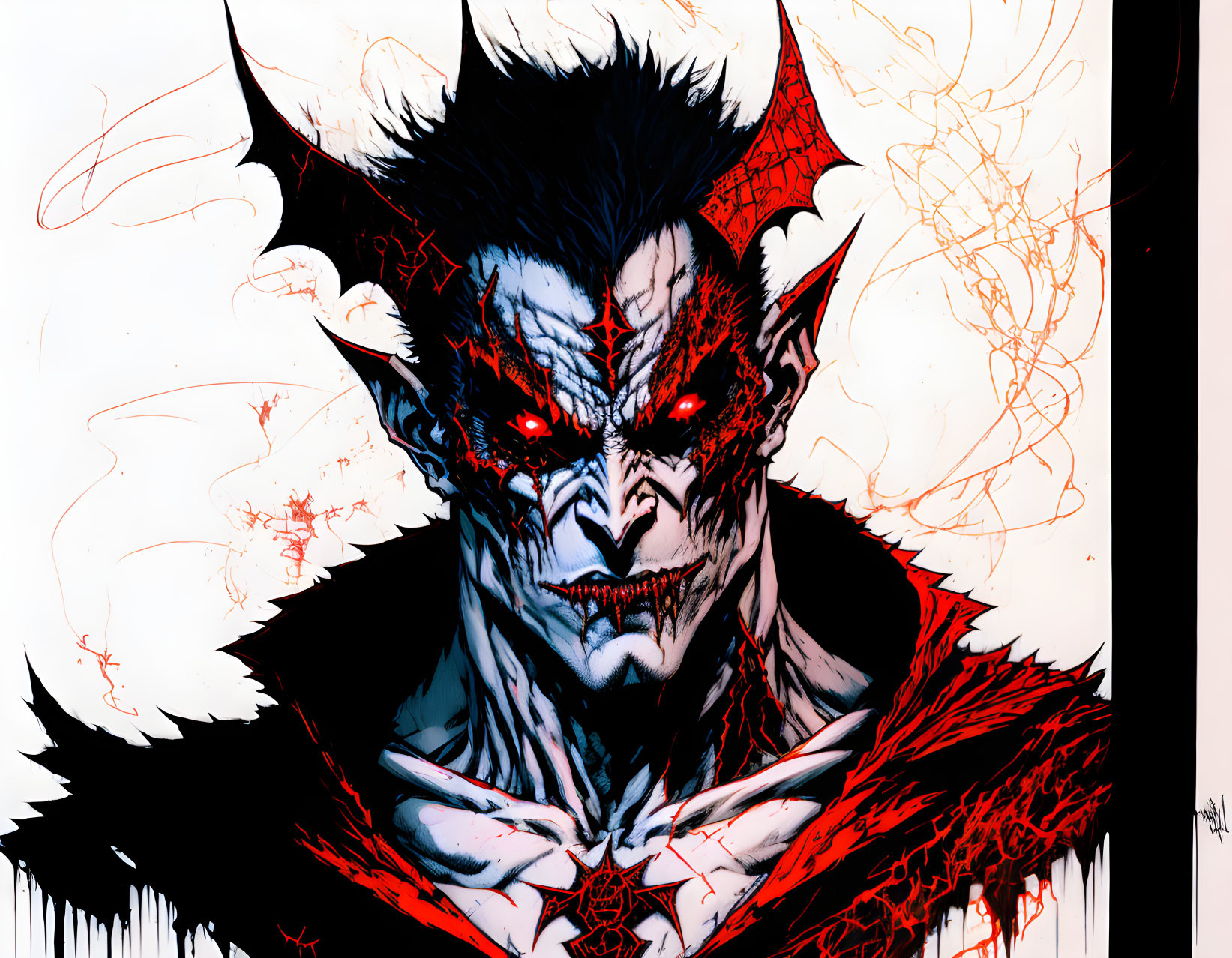 Menacing character with dark spiky hair, red eyes, pointed ears, and sharp fangs