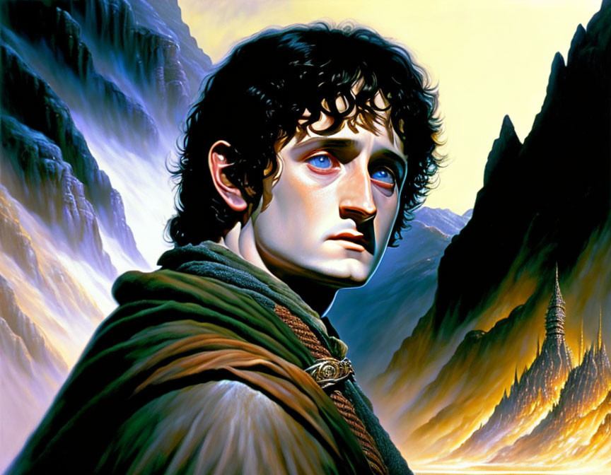 Male hobbit with curly hair, wide eyes, pointed ears, cloak, fantasy landscape.