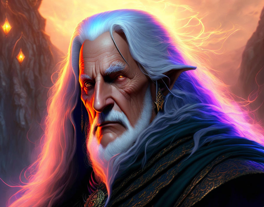 Elderly Fantasy Character with Long White Hair in Fiery Background