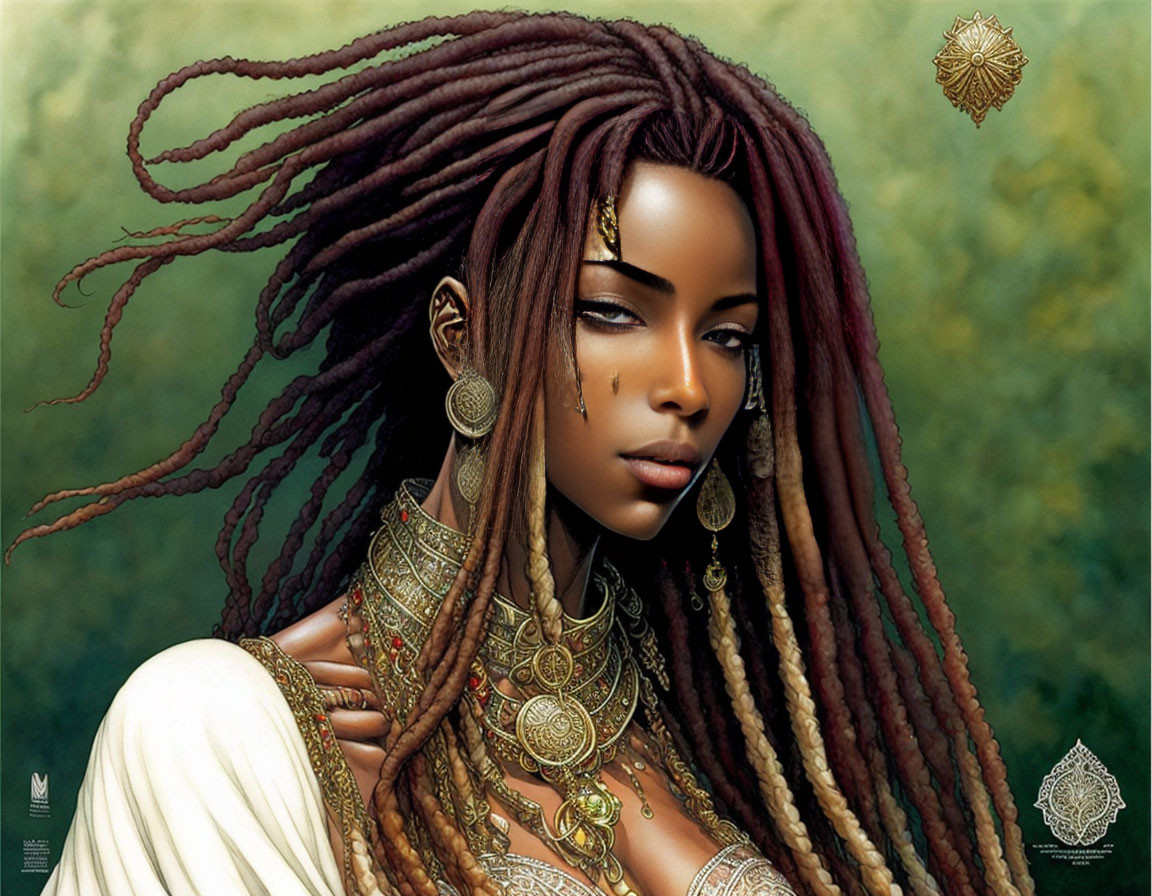 Digital painting of woman with intricate dreadlocks and gold jewelry in serene expression against green foliage.