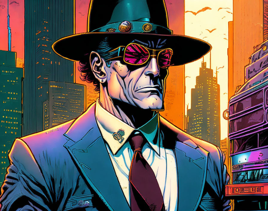 Man in trench coat and fedora with purple goggles in neon-lit cityscape