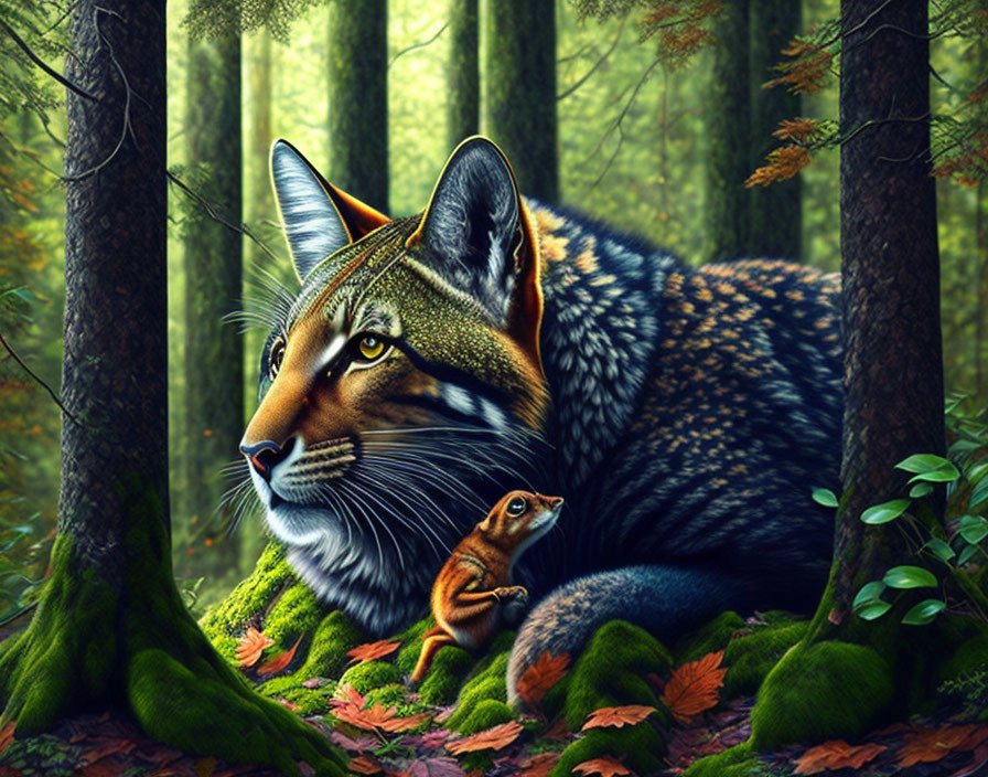 Colorful digital artwork: Lynx with chipmunk in lush forest