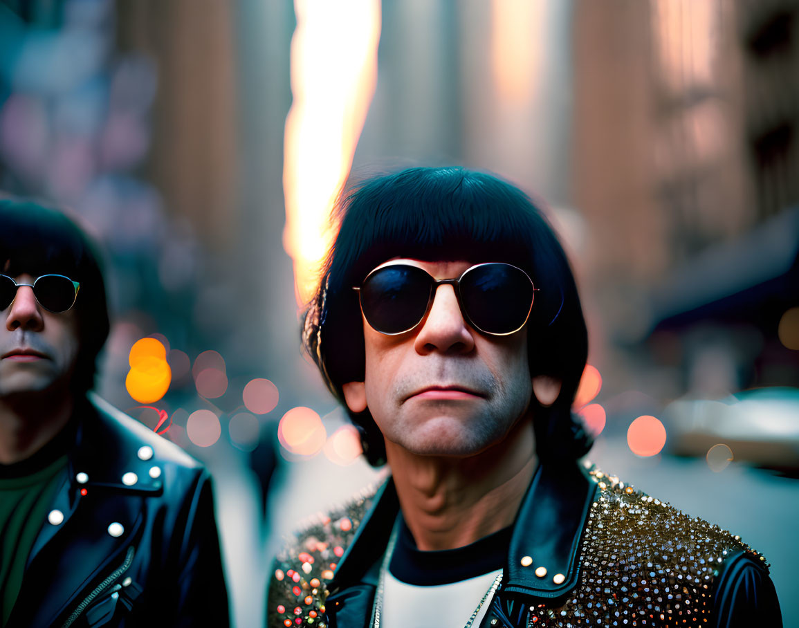 Two people in sunglasses and leather jackets against city lights background.