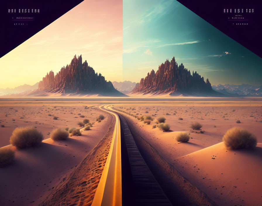 Split Desert Landscape: Day & Night Scenes with Road and Rock Formations