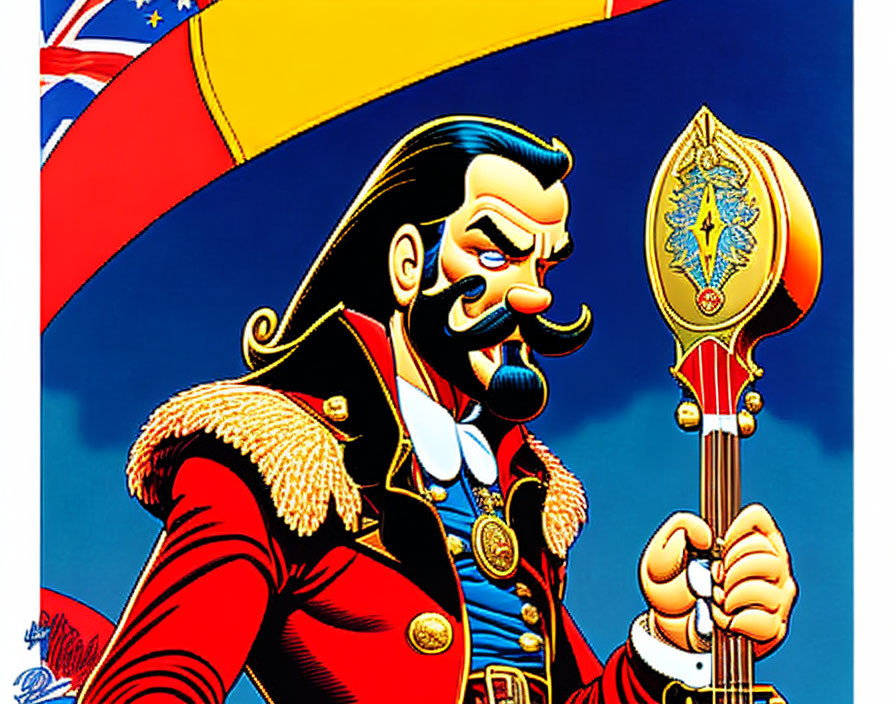 Military uniform illustration of stern man with mustache, holding scepter amidst flags