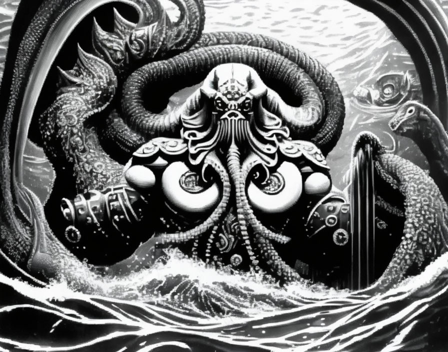 Detailed monochrome sea creature illustration with Cthulhu-like design emerging from ocean.