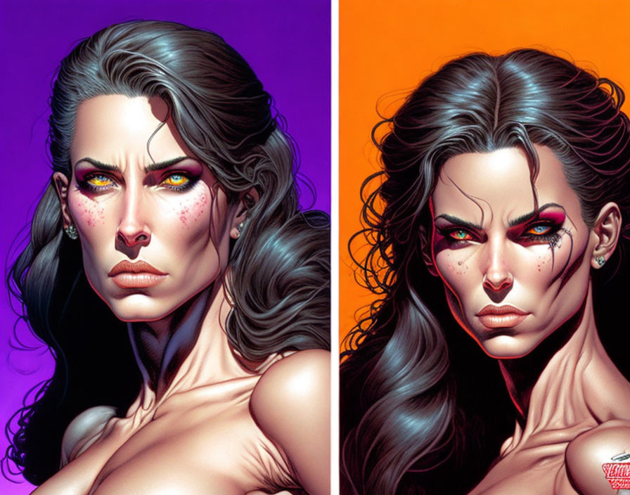 Artistic portraits of a woman with sharp features, dark hair, and unusual eyes on purple and orange