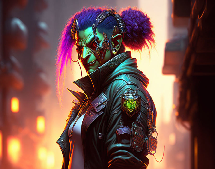 Blue-skinned cyberpunk character with purple hair and futuristic earpieces in neon-lit scene