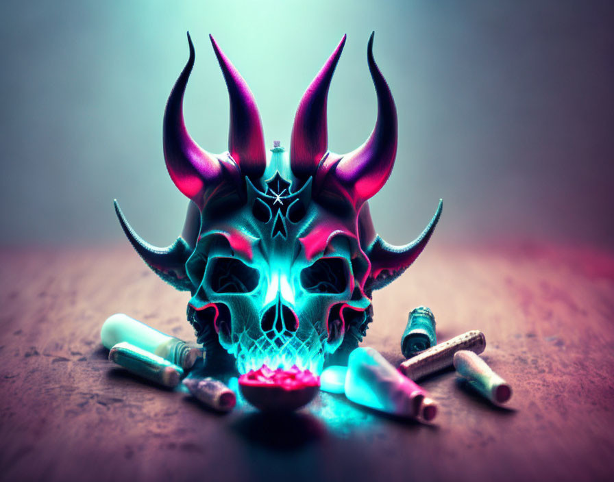 Skull with demonic horned mask, vials, and red gem in moody setting