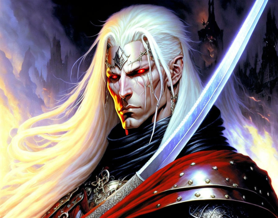 Fantasy character with long blond hair, red eyes, elven features, glowing sword, detailed armor