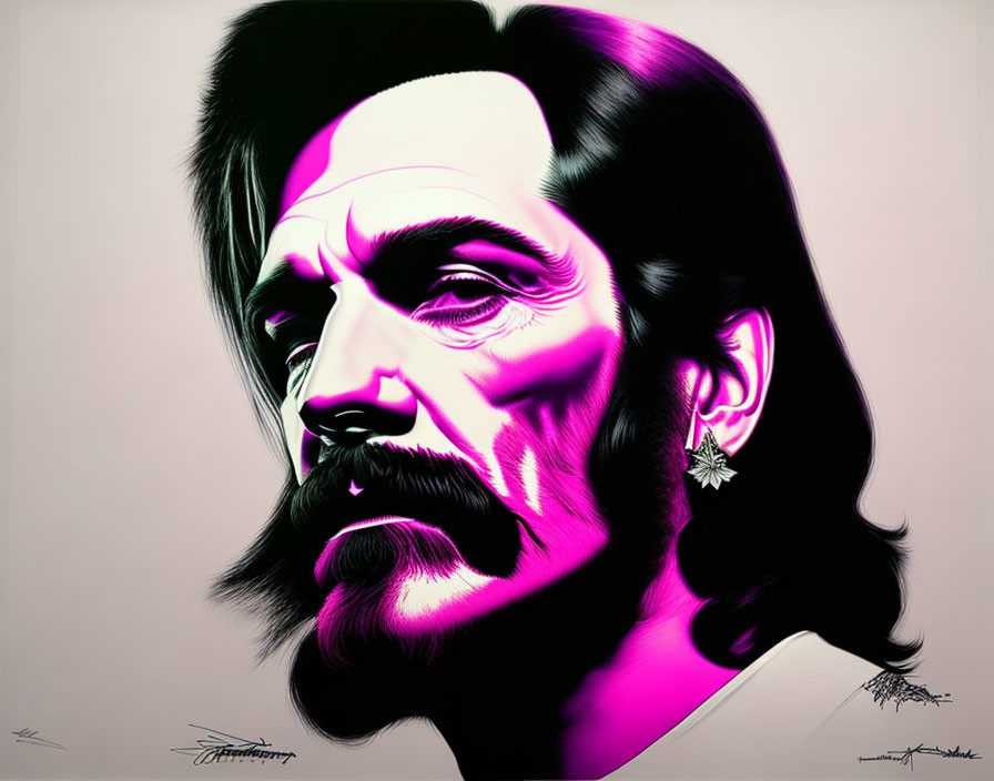 Colorful portrait of a man with mustache and beard in pink and purple tones