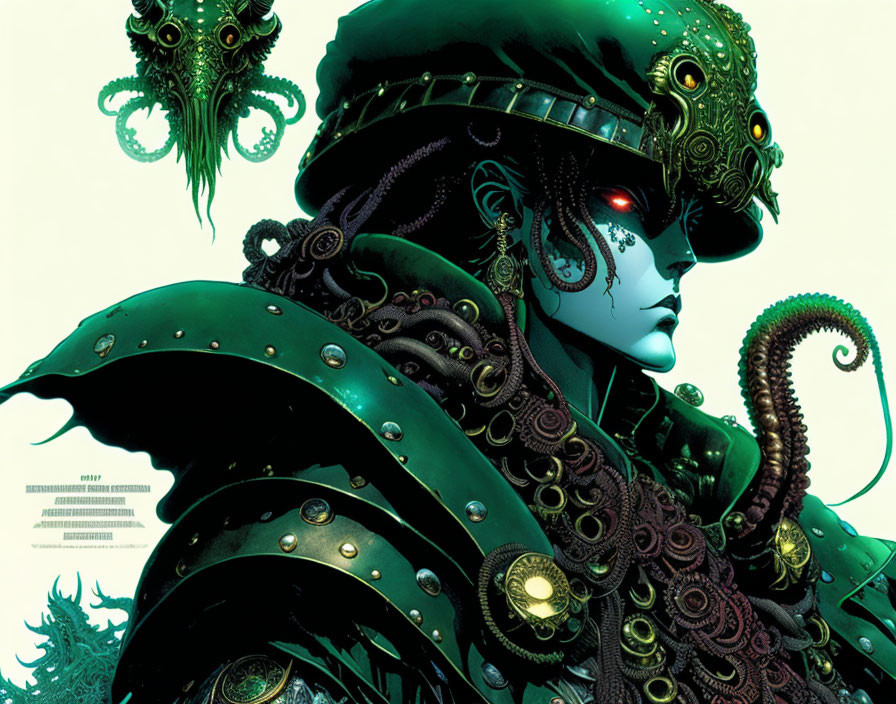 Futuristic warrior in green armor with red eye and tentacles