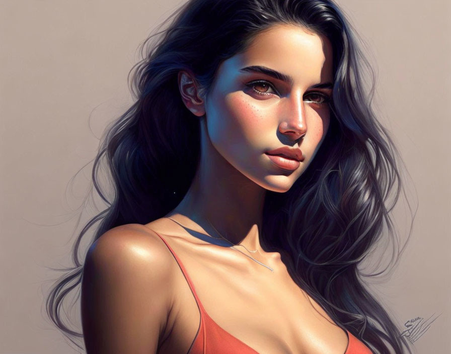 Young Woman's Digital Portrait with Flowing Hair and Striking Features