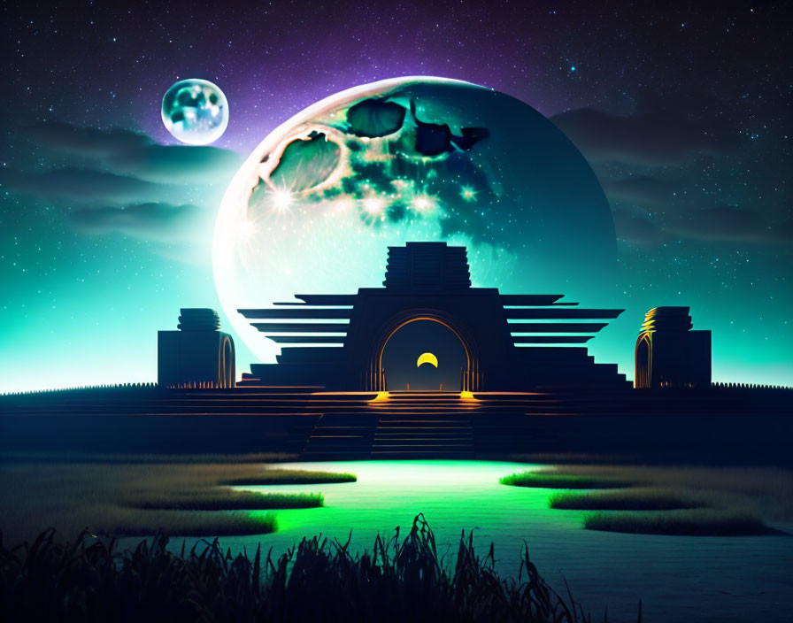 Surreal landscape featuring ancient temple, glowing grass, moon, stars, and nebula