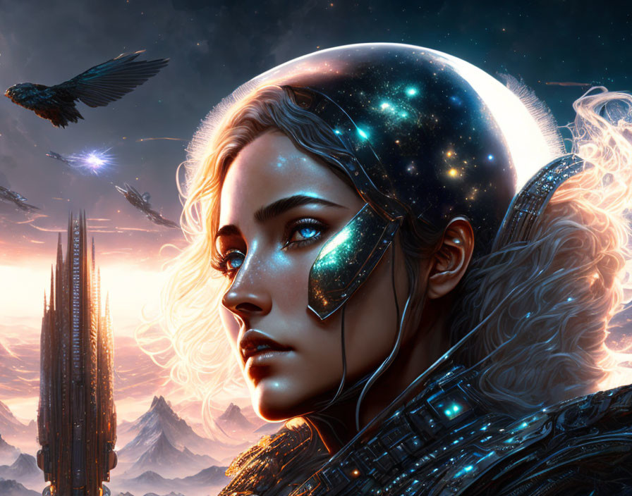 Digital artwork of woman in cosmic armor with starry face and crow in futuristic setting