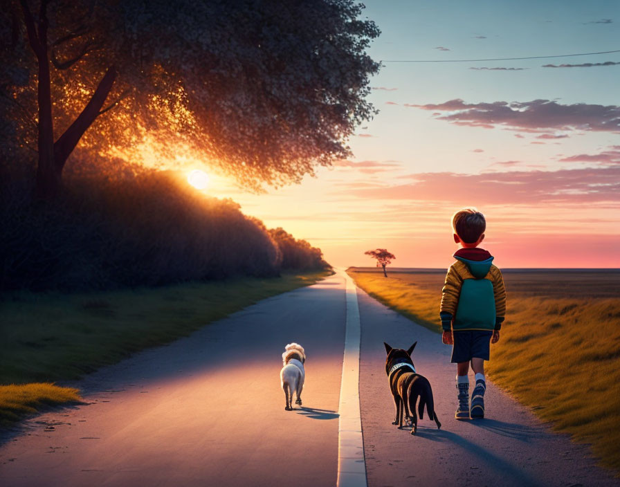 Child and two dogs walking on rural road at sunset with golden light filtering through tree