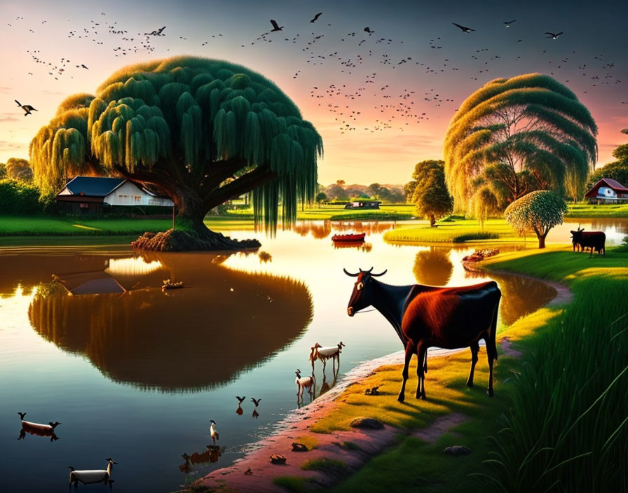 Colorful landscape with tree, animals, lake, birds, and house at sunset