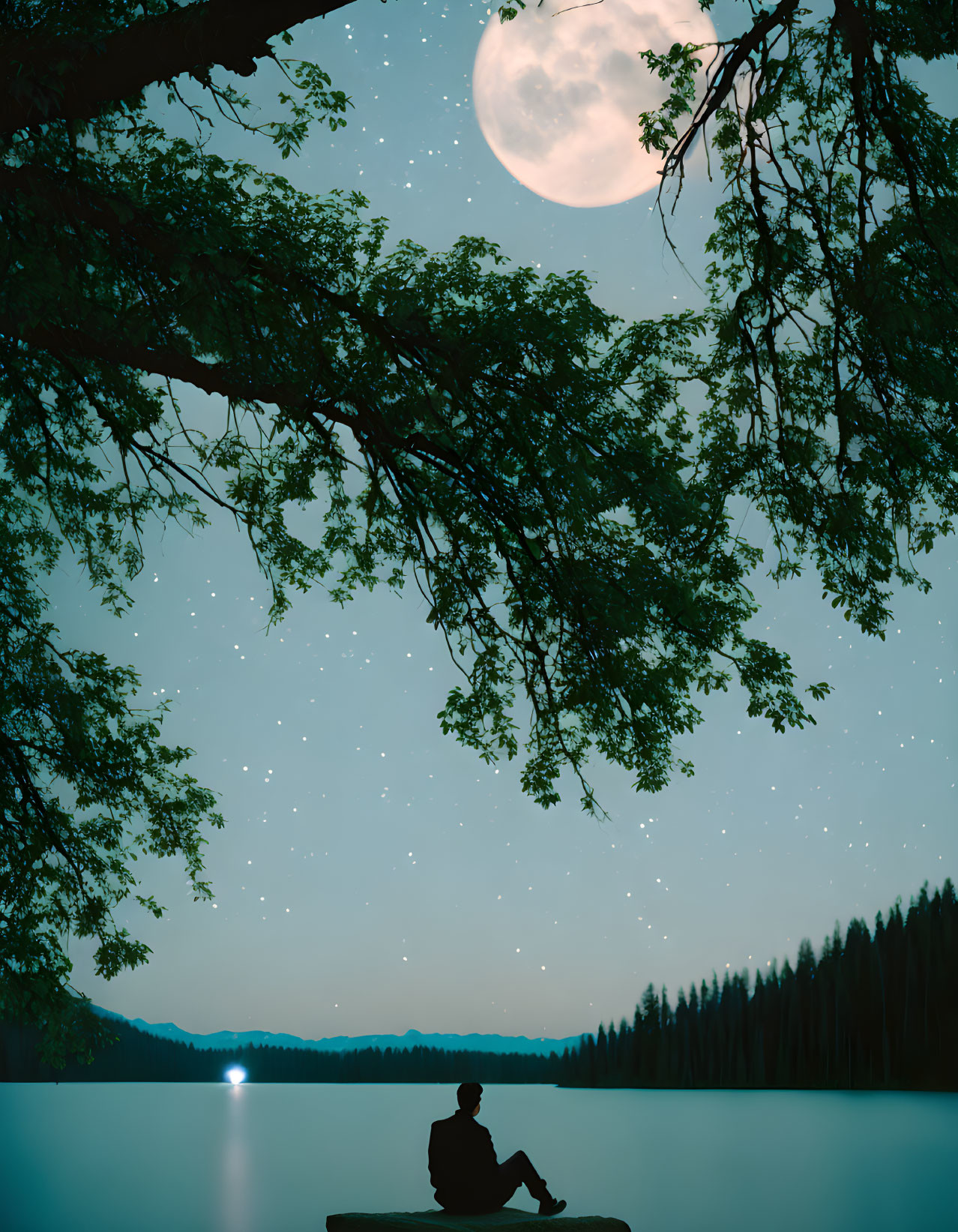 Person sitting by serene lake under starry sky with large moon and silhouetted tree branches