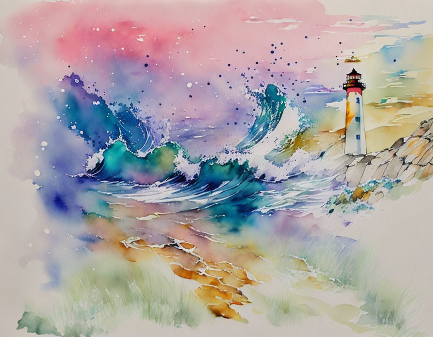 Colorful Watercolor Painting of Lighthouse on Cliff with Crashing Waves