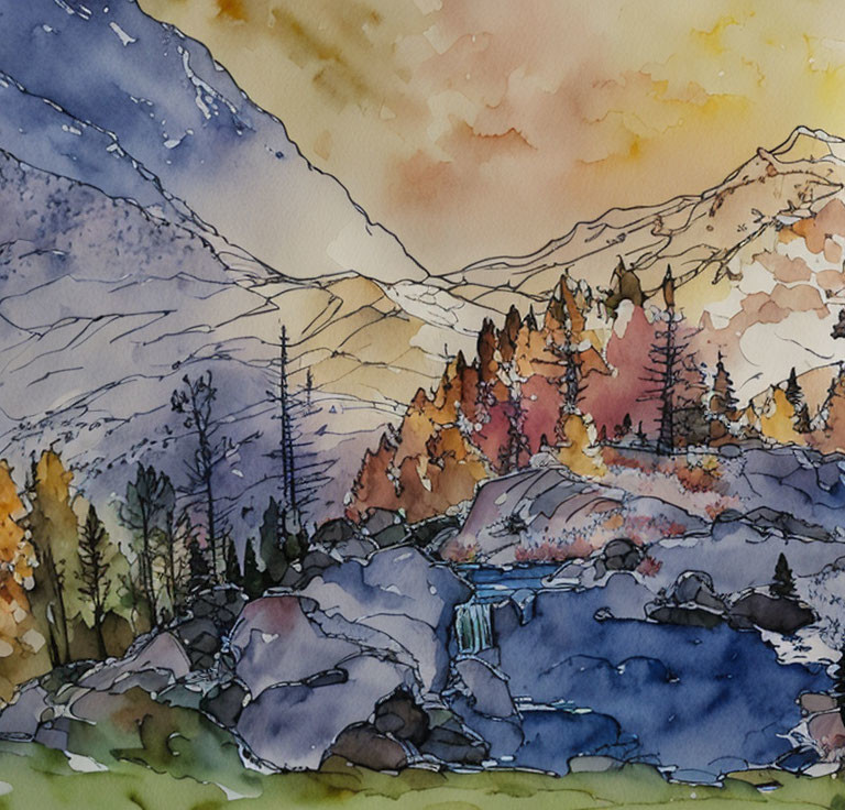 Mountain landscape with waterfall, pine trees, and autumn foliage in watercolor.