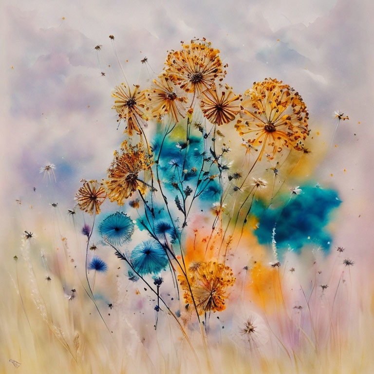 Ethereal dandelion flowers in watercolor with blue, orange, and purple hues