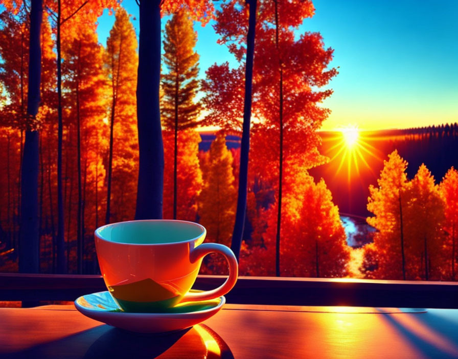 Colorful cup of tea on railing with vibrant autumn forest backdrop