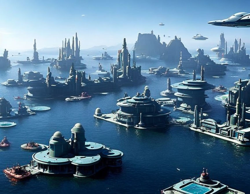 Futuristic cityscape with skyscrapers and flying vehicles over ocean