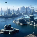 Futuristic cityscape with skyscrapers and flying vehicles over ocean