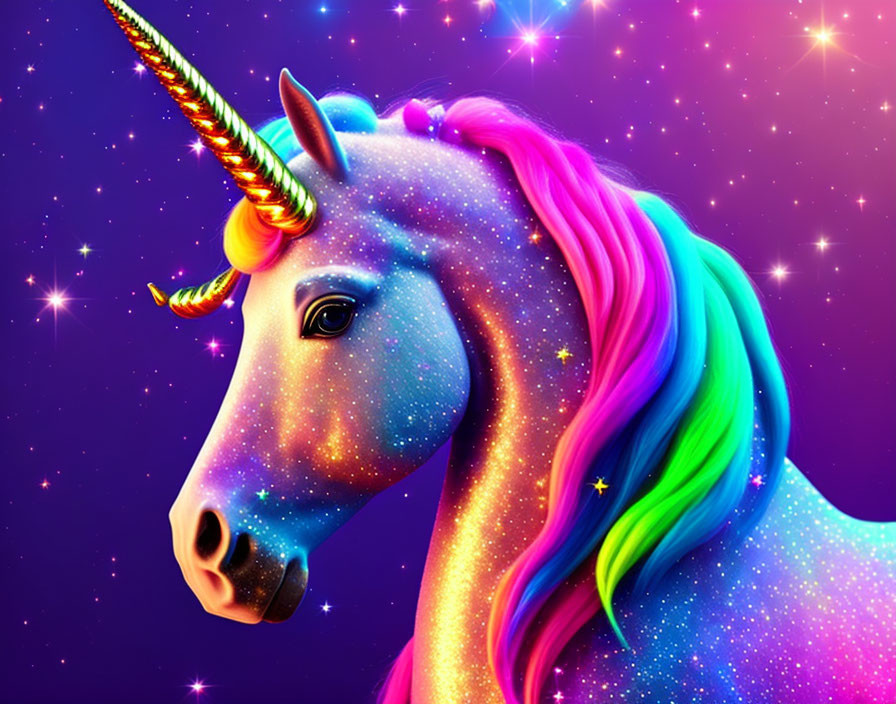 Colorful Unicorn with Galaxy Coat & Rainbow Mane on Purple Background