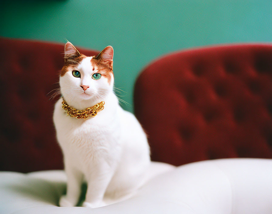 White Cat with Orange Patches and Green Eyes on Cream Sofa with Gold Chain in Front of Red and