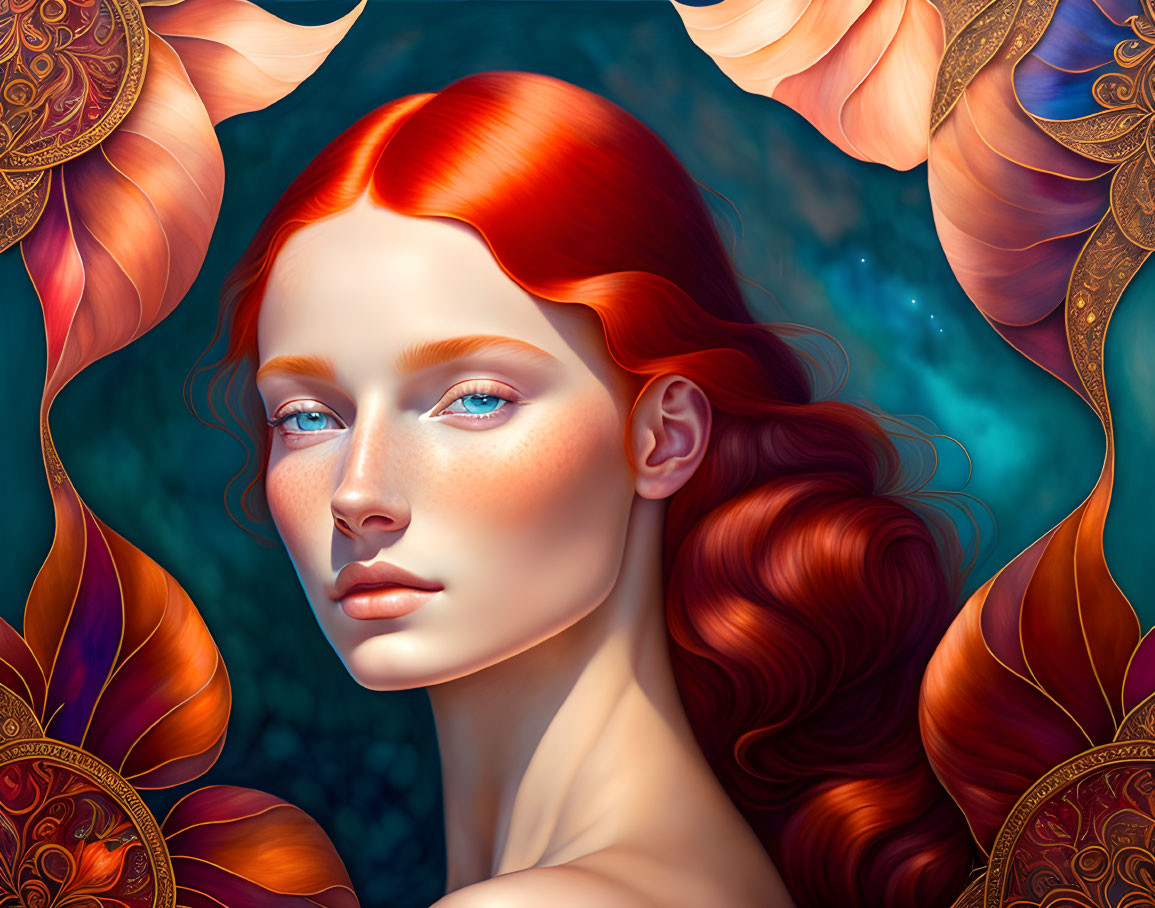 Digital artwork: Woman with red hair, blue eyes, ornate golden patterns, starry background