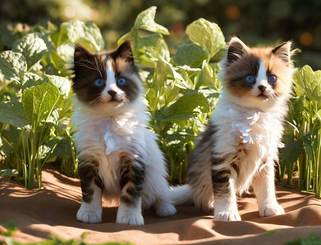 Fluffy kittens with blue eyes in lace collars among green plants