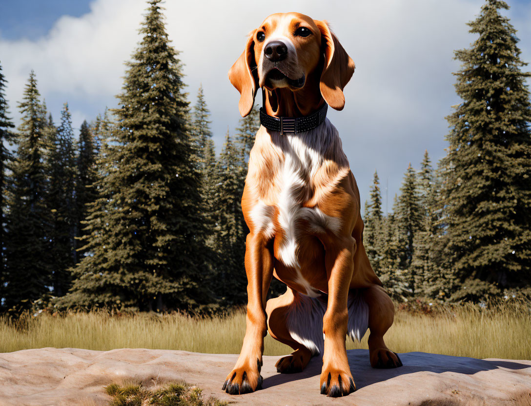 Beagle dog with black collar on rock, evergreen trees, clear sky