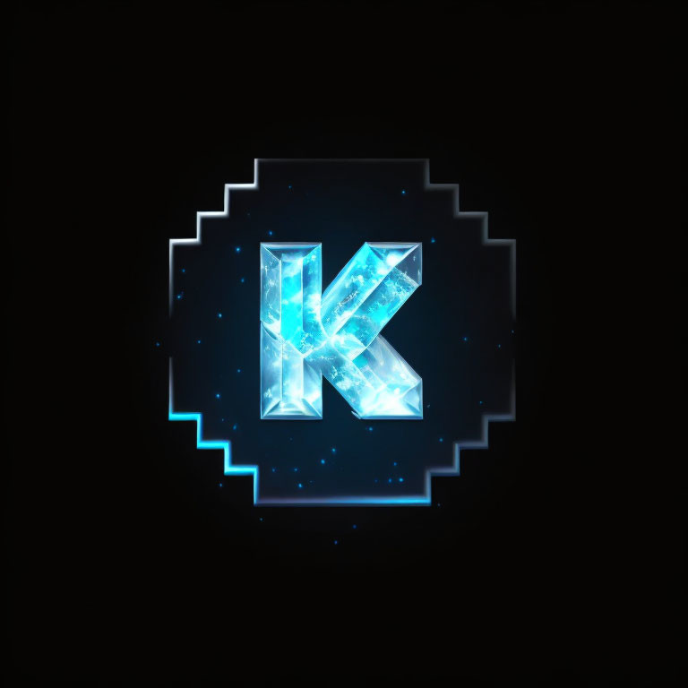 Neon blue crystalline textured letter "K" in hexagonal aura.