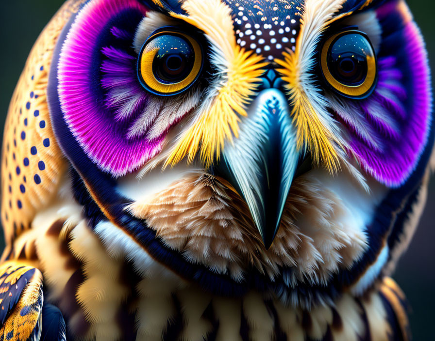 Multicolored owl with oversized purple and yellow eyes