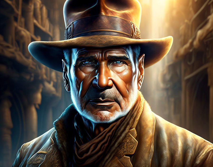 Digital artwork: Rugged man in fedora, leather jacket, scar, intense eyes, mysterious background