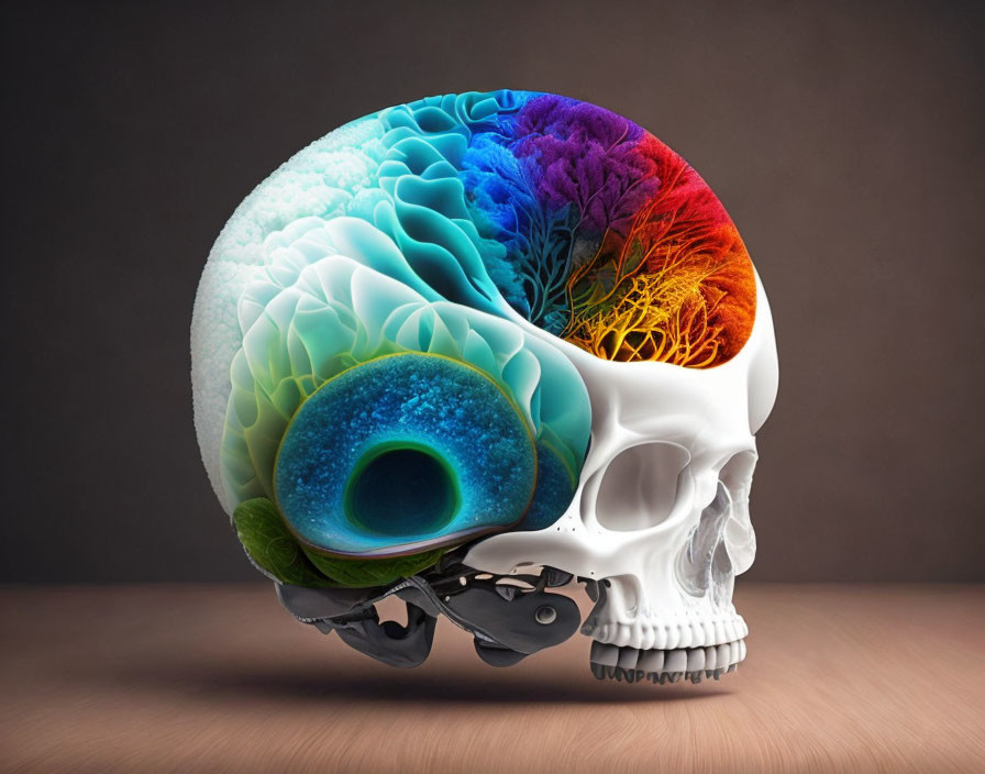 Colorful human skull digital artwork with vibrant coral brain patterns and central eye