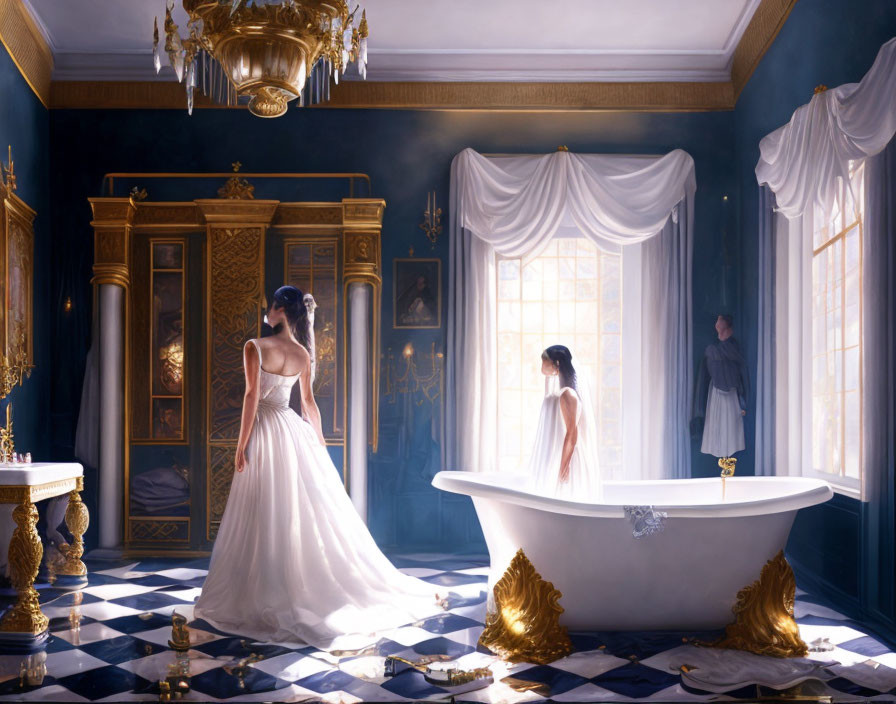 Luxurious interior with checkered floor, golden accents, large windows, two women in white dresses,