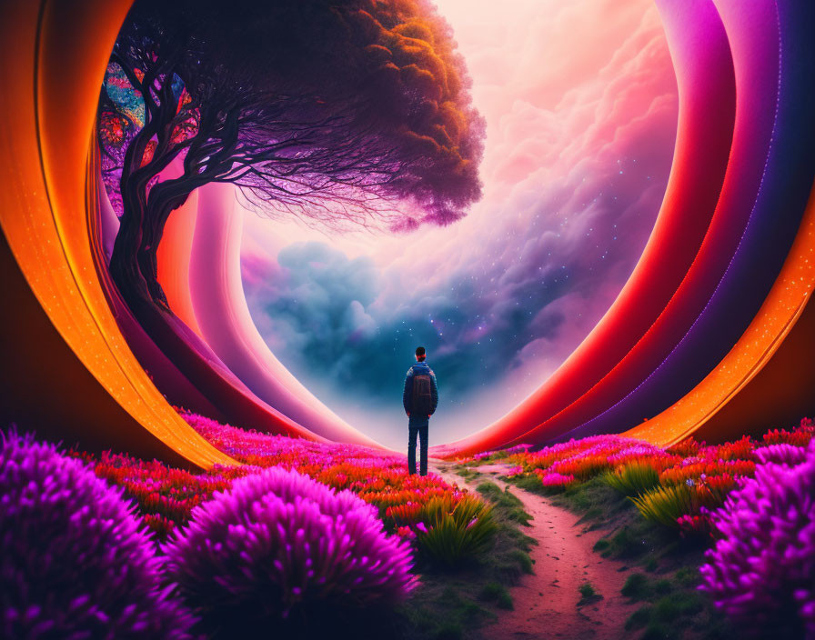 Vibrant purple flowers and surreal landscape with swirling orange and purple hues