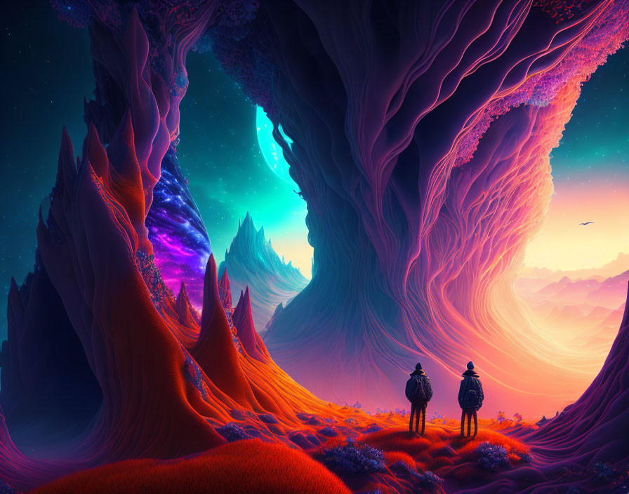 Silhouetted figures against alien landscape with towering trees and celestial colors.