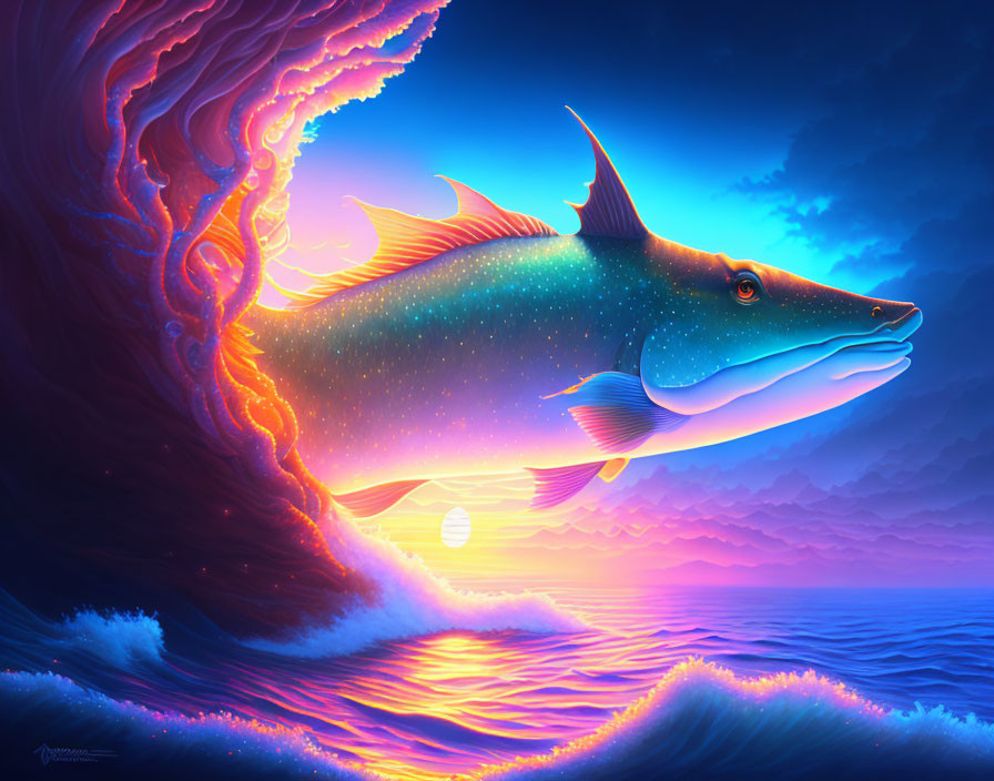 Colorful Cosmic Fish Swimming in Ocean Sunset Sky