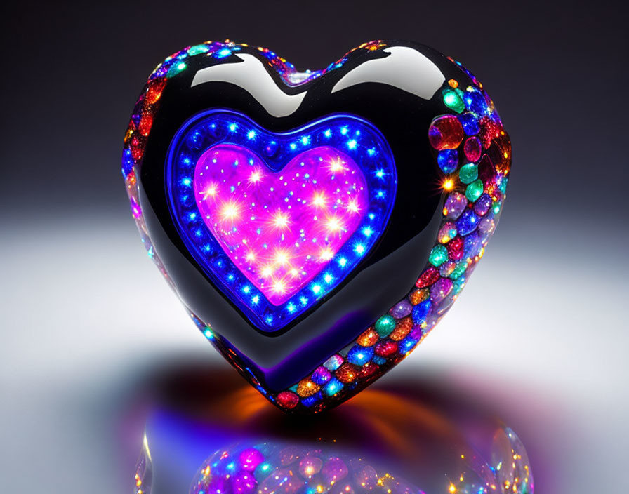 Colorful Heart-shaped Object with Glowing Core on Dark Reflective Background