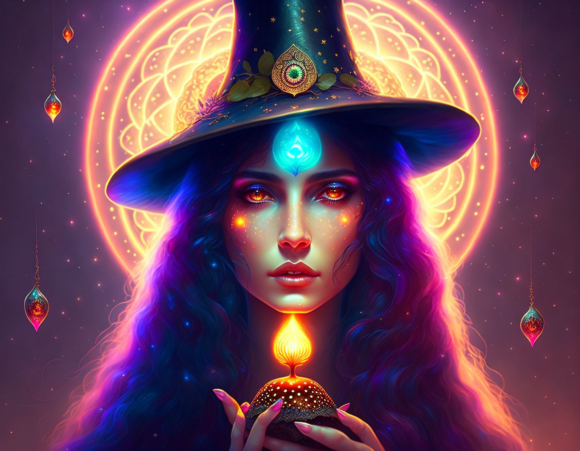 Vibrant purple-haired woman with glowing orb and peacock feather hat in mystical setting