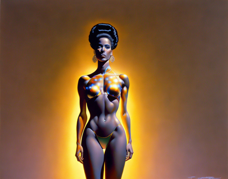 Elaborate hairstyle and body paint on woman against gradient backdrop