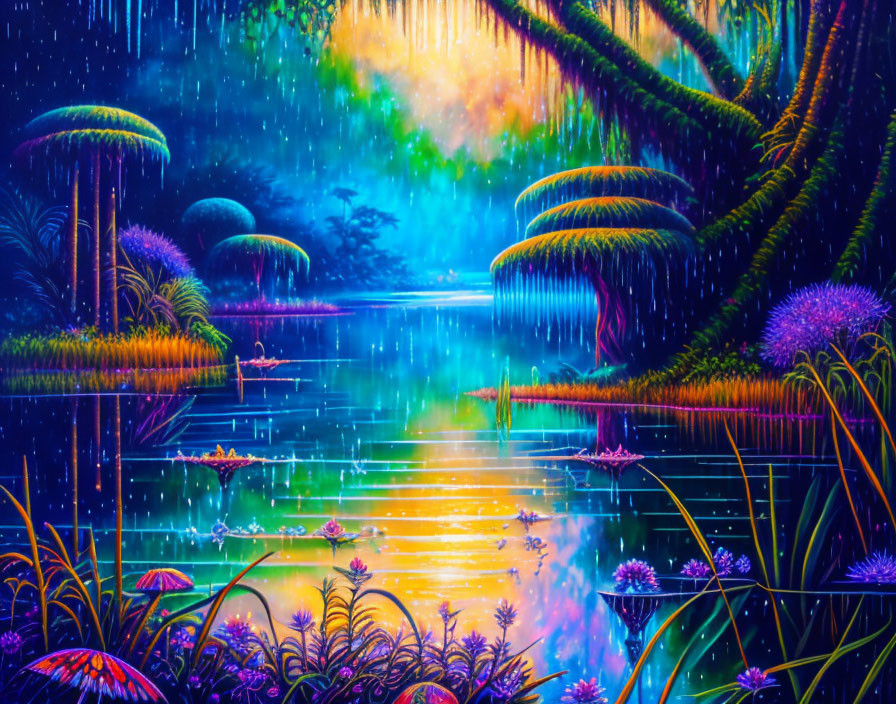 Mystical forest digital art: glowing trees, reflective river, water lilies, radiant sky